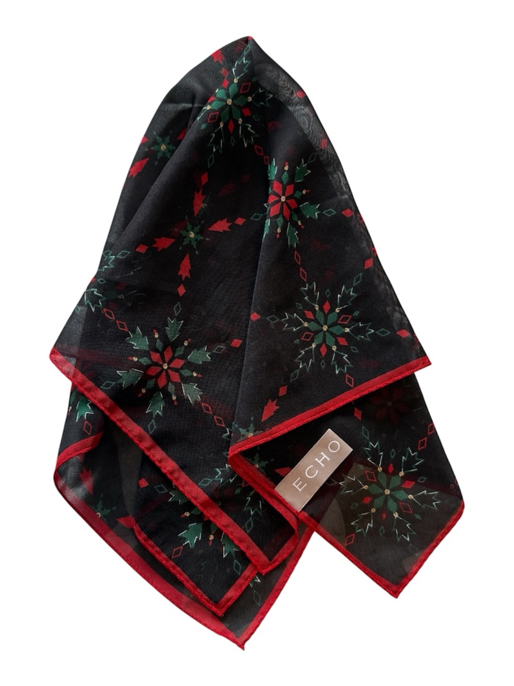 Echo Black Sheer Scarf with Red Trim and Festive Motifs